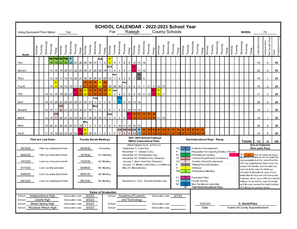 Colorful image of standard school calendar